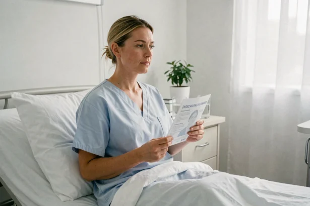 Femme en convalescence après ablation de la trompe assise dans un lit d'hôpital tenant une fiche médicale