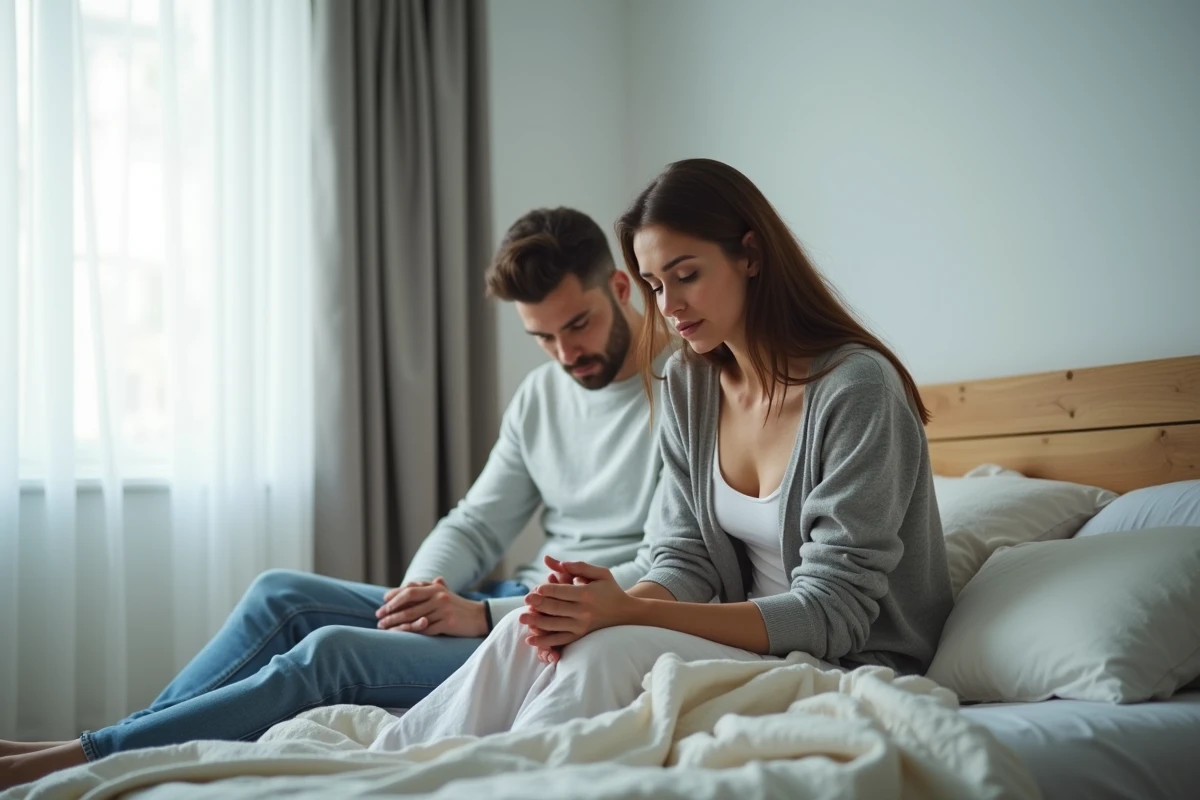 Couple assis sur un lit avec une distance émotionnelle visible, la femme adoptant une posture fermée évoquant un manque de communication sur les préférences intimes