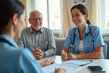 Couple senior souriant lors d'une explication vaccination