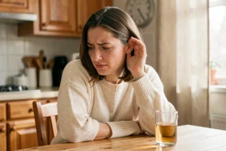 Femme tenant son oreille avec la main pour soulager une sensation d'oreille bouchée à la maison