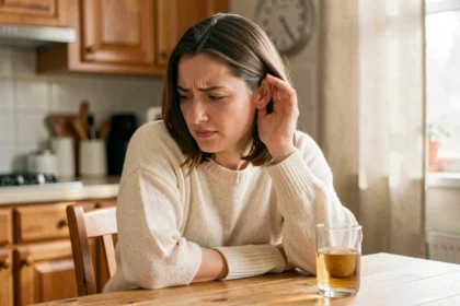 Femme tenant son oreille avec la main pour soulager une sensation d'oreille bouchée à la maison