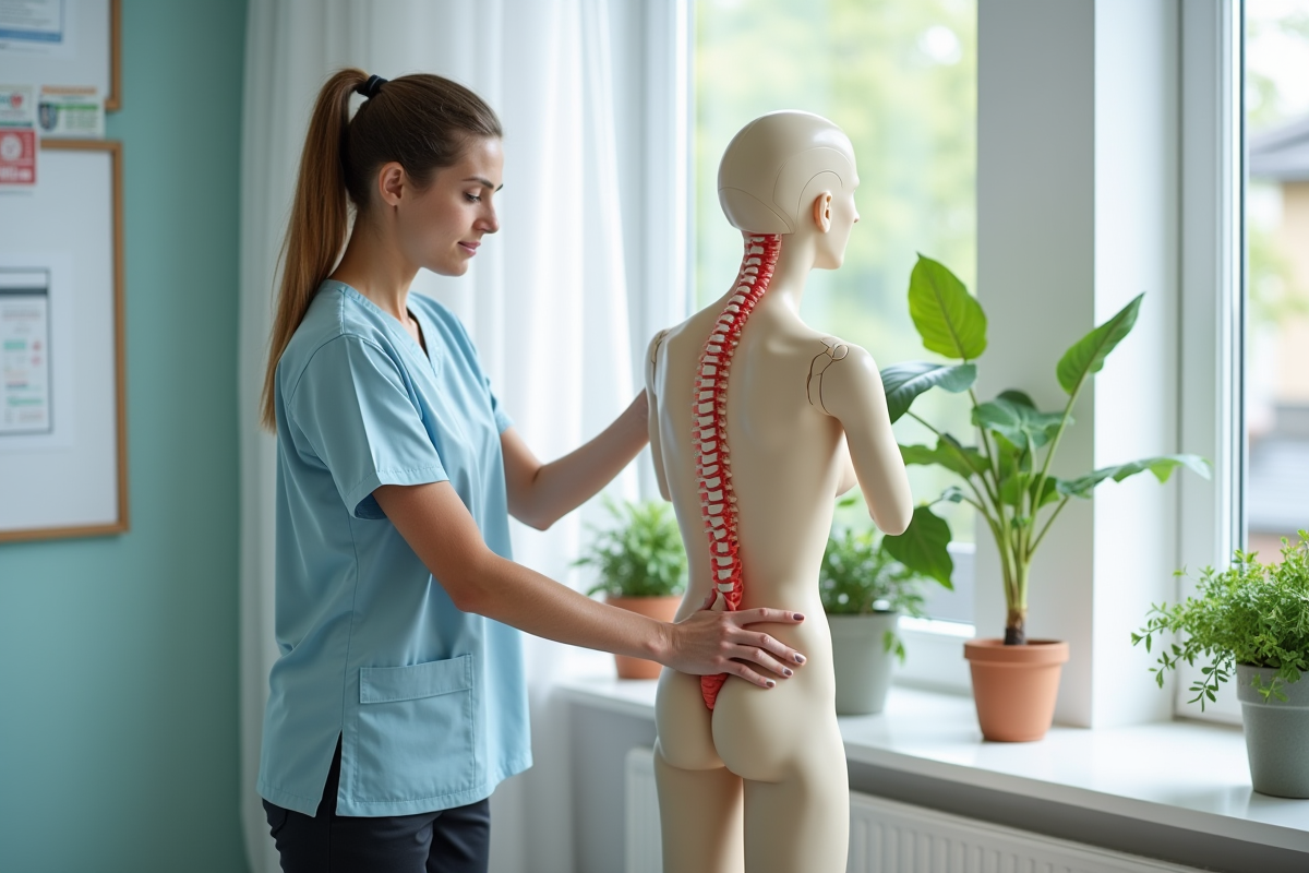 Jeune osteopathe montrant la mobilité spinale