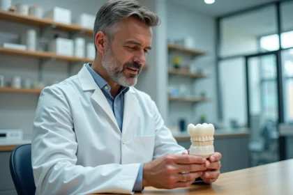 Dentiste homme examinant un modele dentaire 3D en cabinet