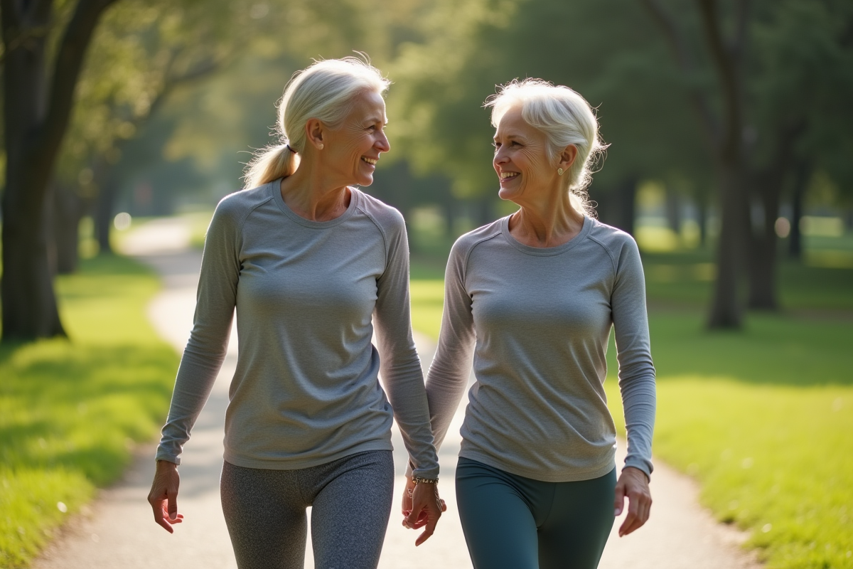 Deux femmes de 50 ans en yoga dans un parc verdoyant