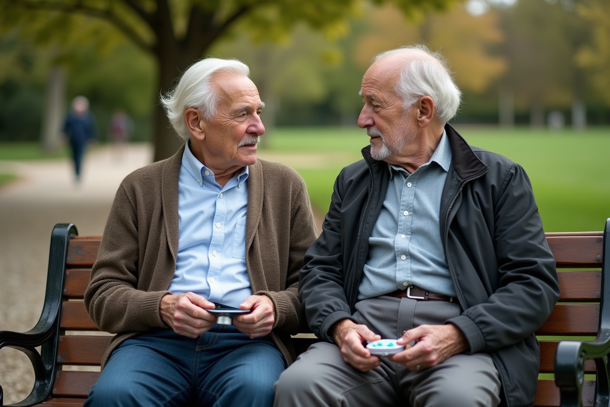 Deux hommes agees discutent sur un banc dans un parc