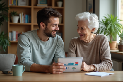 Jeune homme et femme agee discutant avec une tablette en interieur