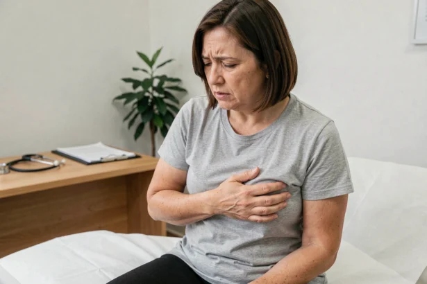 Femme tenant son côté droit sous les côtes avec une expression de douleur dans un cabinet médical