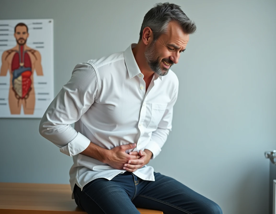 Homme en consultation médicale tenant sa côte flottante gauche avec une expression de gêne dans un cabinet de médecin