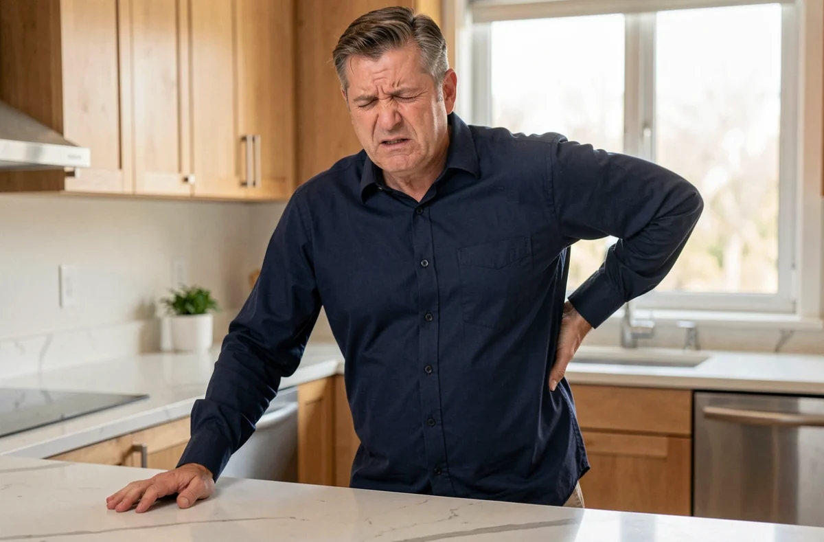 Homme souffrant d'une douleur irradiant dans le dos depuis le côté droit dans une cuisine moderne