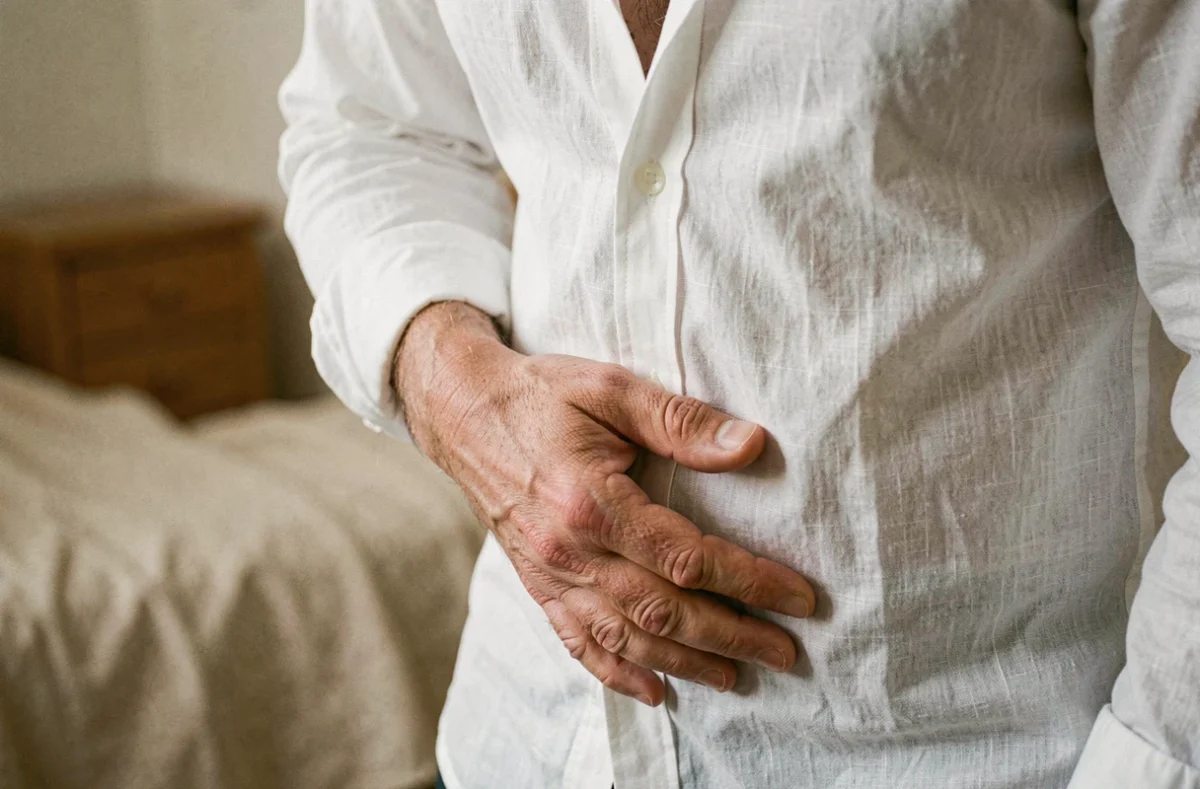 Gros plan d'une personne appuyant sous les côtes droites ressentant une douleur abdominale et des gaz