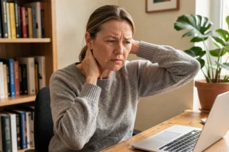 Femme tenant son trapèze douloureux en position assise au bureau à domicile, exprimant une gêne musculaire du cou et de l'épaule