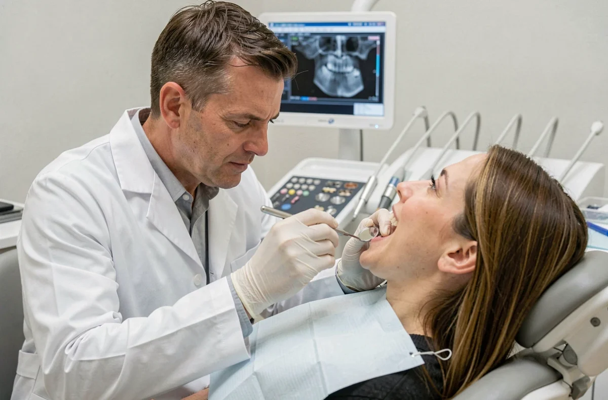 Le docteur Thierry Desse examinant attentivement les dents d'une patiente dans son cabinet dentaire