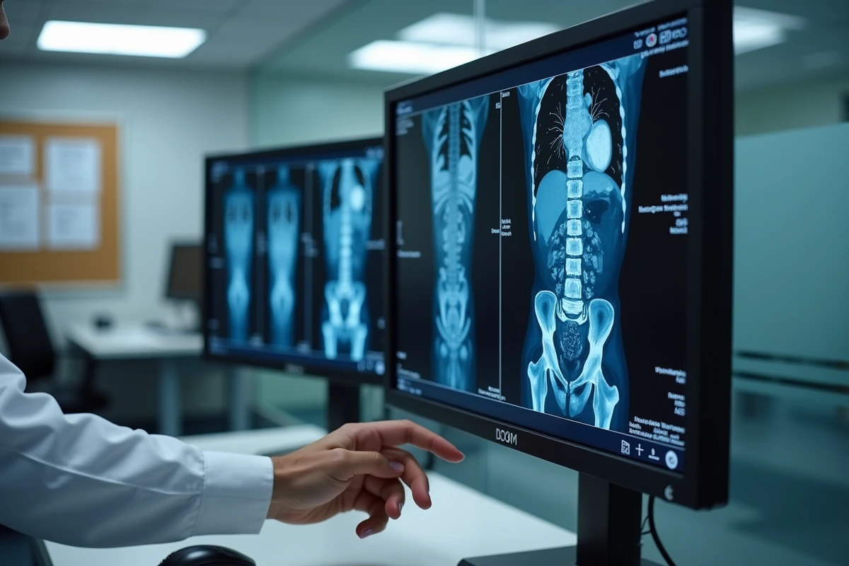 Écran de radiologie affichant des coupes de scanner abdominal avec injection de produit de contraste iodé et outils DICOM