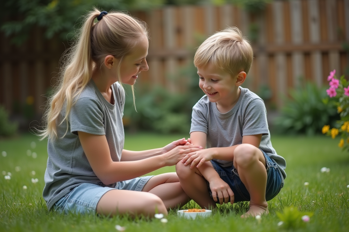 Enfant joue dans le jardin pendant que sa mère applique une creme