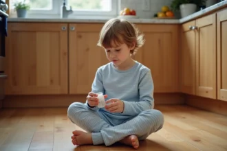 Jeune garçon en pyjama regardant sa mère préparer un probiotique en capsule dans une cuisine familiale en bois