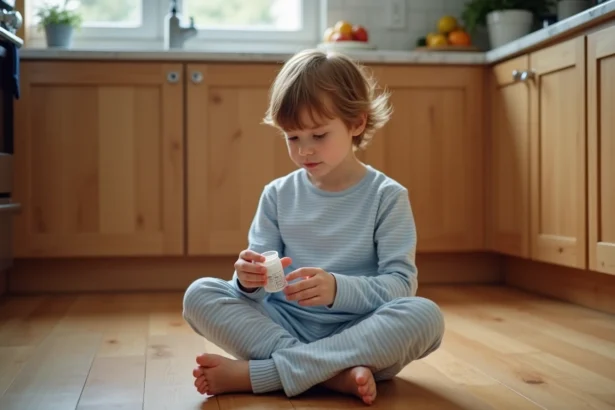 Jeune garçon en pyjama regardant sa mère préparer un probiotique en capsule dans une cuisine familiale en bois