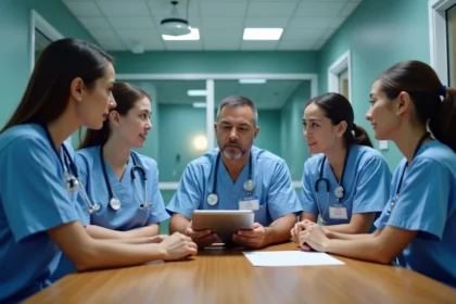 Groupe de professionnels de santé en réunion hospitalière