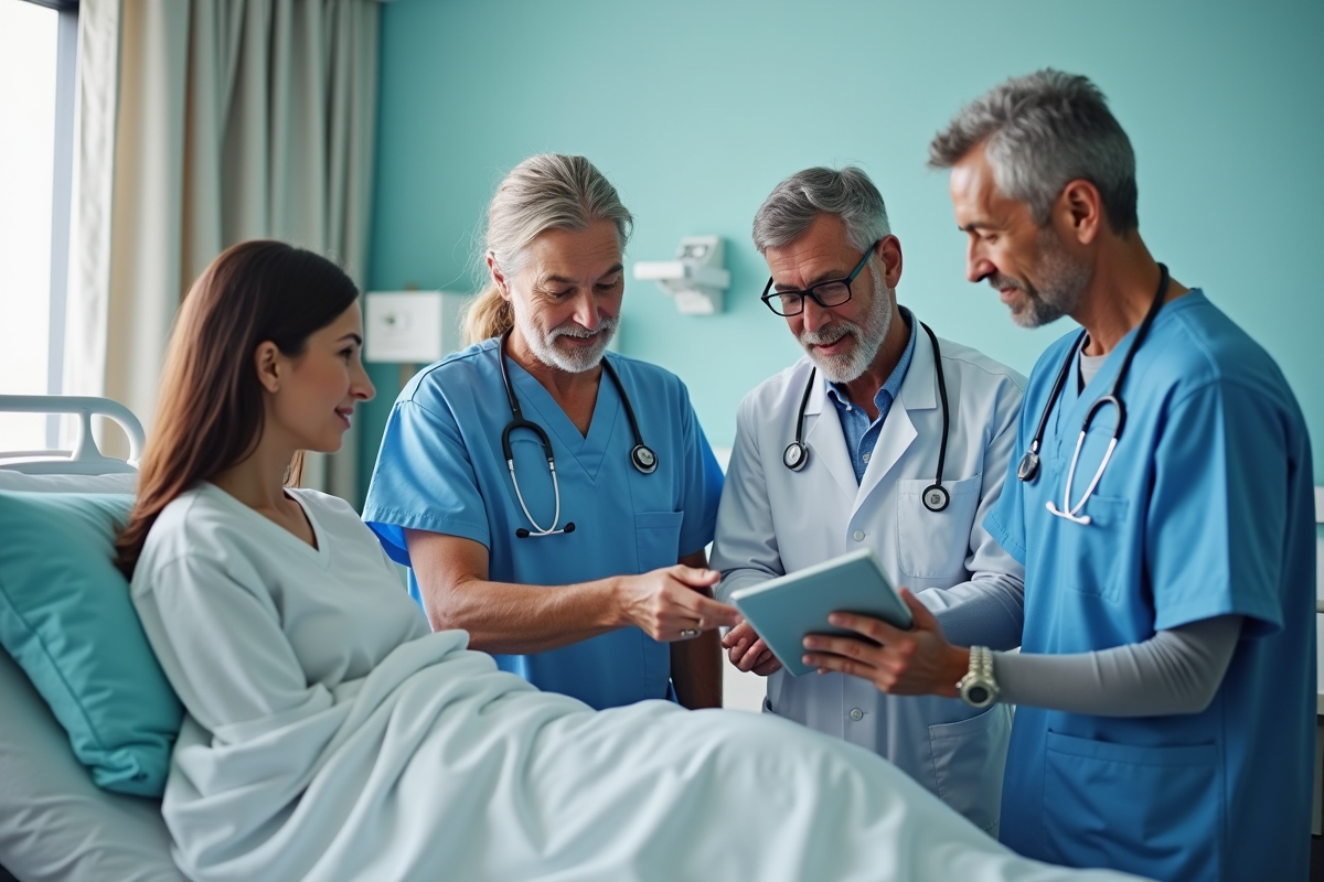 Professionnels de santé autour d un patient dans une chambre d hôpital