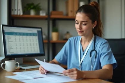 Ergothérapeute femme analysant ses fiches de paie et son salaire net à temps partiel dans un bureau professionnel