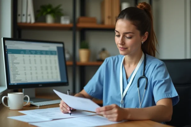 Ergothérapeute femme analysant ses fiches de paie et son salaire net à temps partiel dans un bureau professionnel