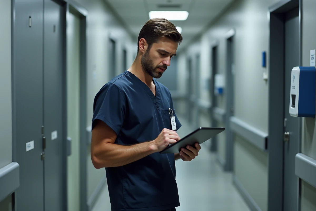 Ergothérapeute homme consultant son planning de gardes et d'heures supplémentaires dans un couloir hospitalier