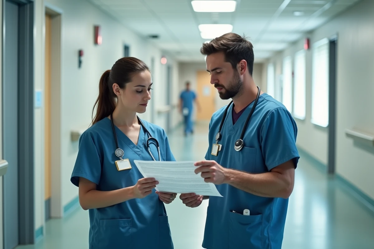 Deux ergothérapeutes discutant d'un contrat de travail et de salaire dans un couloir hospitalier