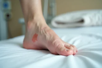 Escarre stade 1 sur le talon d'une personne âgée avec rougeur cutanée non blanchissante sur fond de drap blanc hospitalier