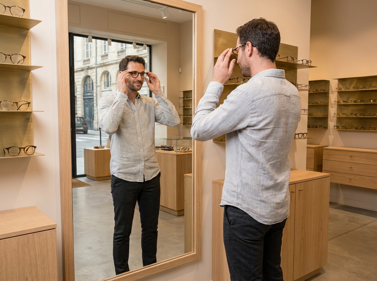 Homme essayant des montures de lunettes devant un miroir dans un magasin d'optique à Bordeaux
