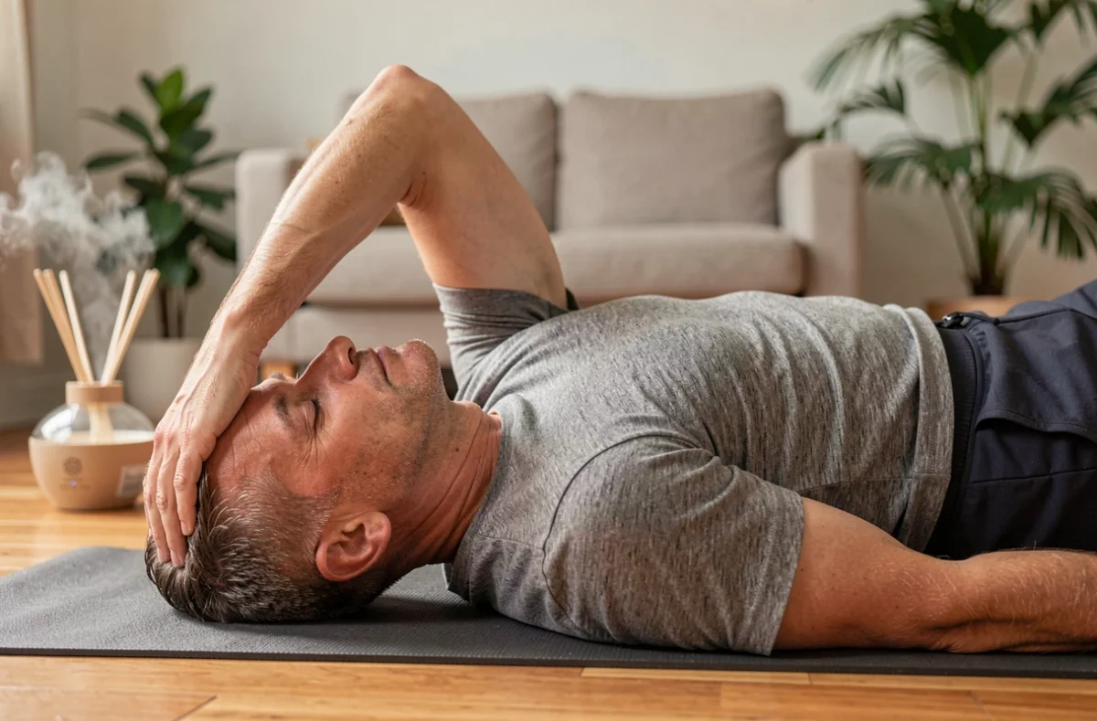 Homme pratiquant un étirement doux du trapèze et du cou allongé sur un tapis de yoga dans un salon apaisant