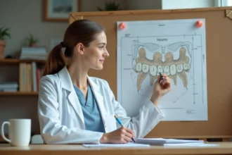 Étudiante en dentisterie pointant un schéma de dents numérotées épinglé sur un tableau en liège dans une salle d'étude universitaire