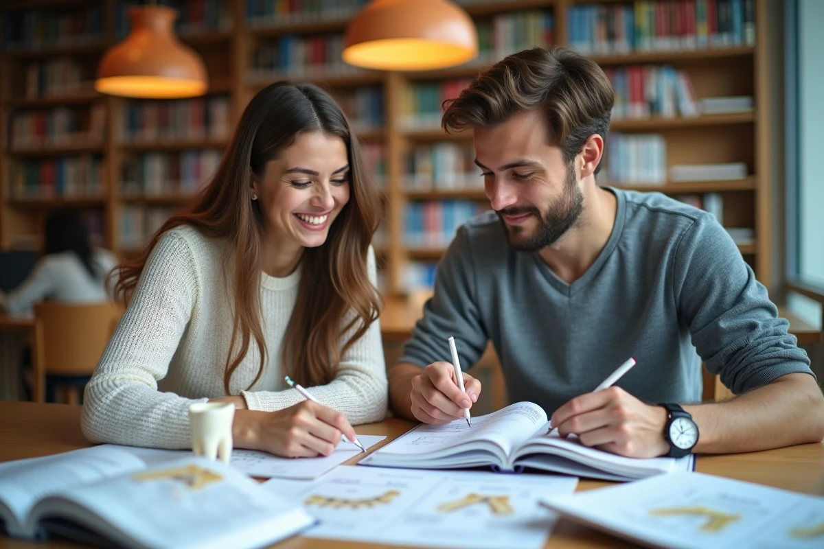 Deux étudiants en dentisterie s'entraident pour mémoriser un schéma des dents avec des maquettes et des schémas annotés à la bibliothèque
