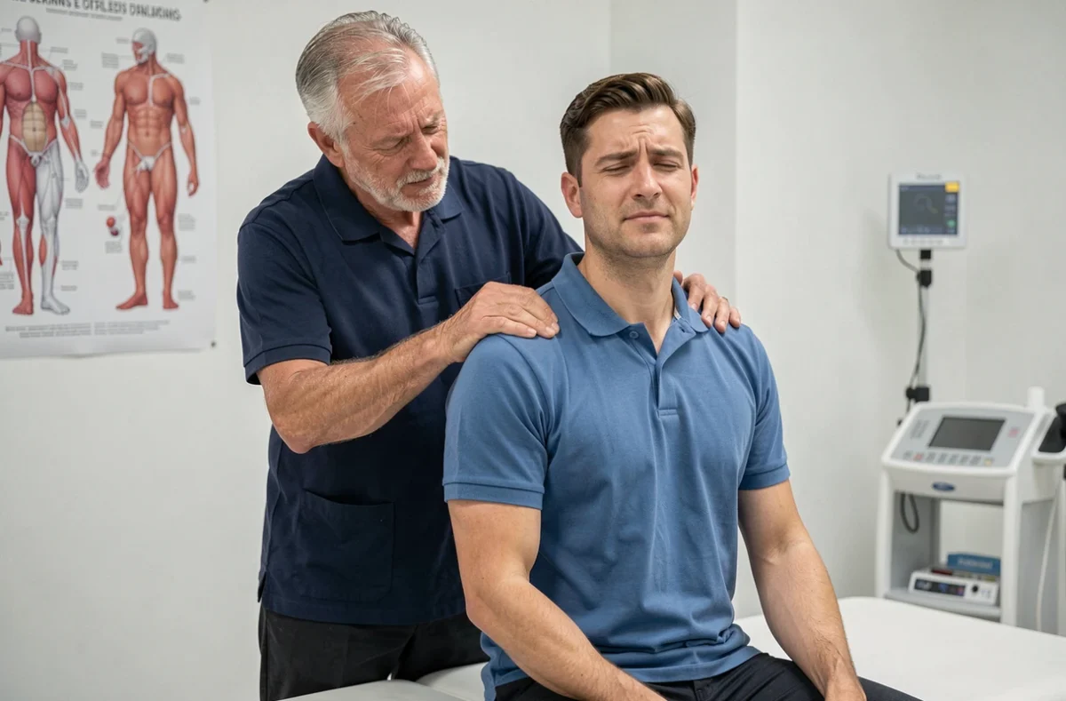 Kinésithérapeute examinant le trapèze douloureux d'un patient masculin dans un cabinet de physiothérapie moderne