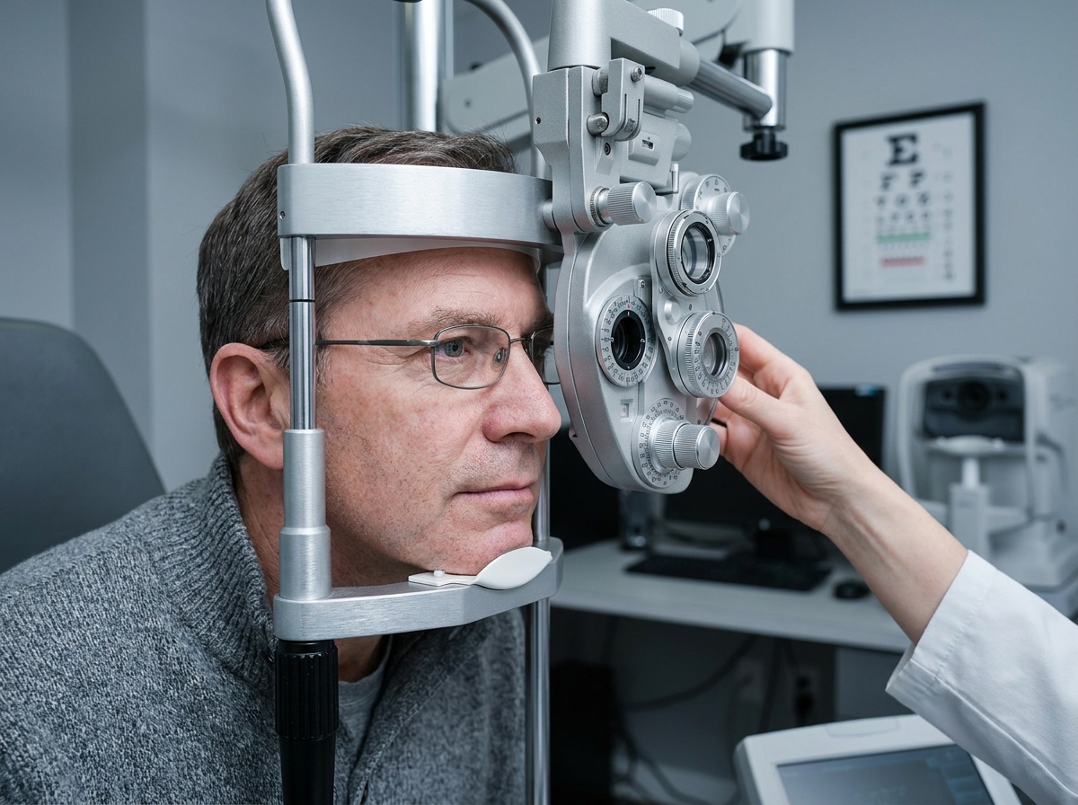Patient passant un examen de vue chez l'opticien avant de changer ses lunettes