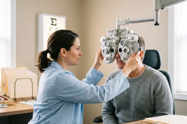 Ophtalmologiste professionnelle examinant la vue d'un patient adulte dans un cabinet d'optométrie moderne
