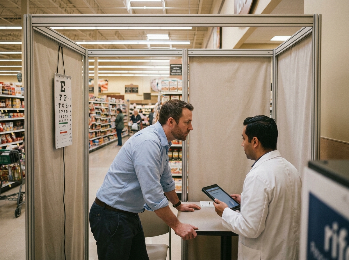 Homme passant un examen de la vue dans un stand optique éphémère installé en grande surface