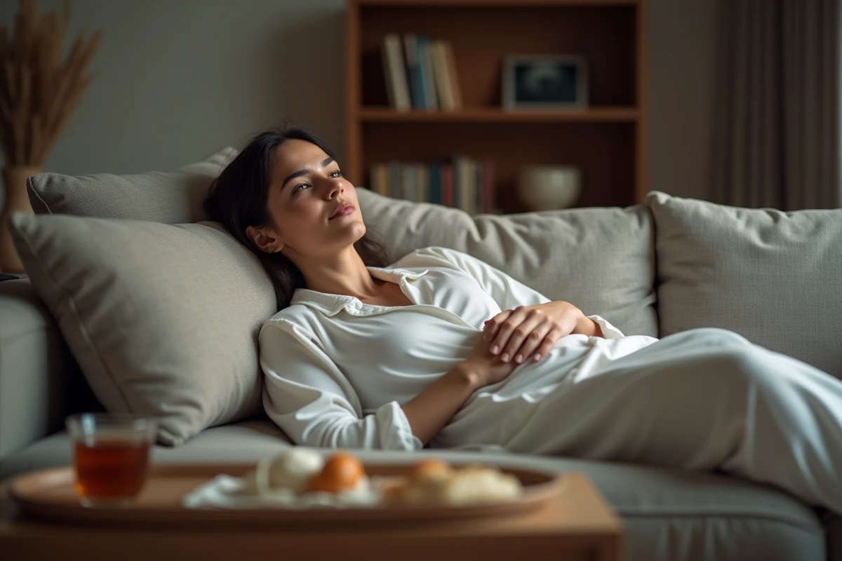 Femme allongée sur un canapé avec la main sur l'abdomen et la poitrine après un repas, illustrant le lien entre l'estomac et les extrasystoles nocturnes