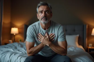 Homme d'âge moyen assis sur le bord de son lit la nuit, la main sur la poitrine, expression préoccupée évoquant des extrasystoles nocturnes liées à l'estomac
