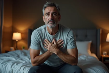 Homme d'âge moyen assis sur le bord de son lit la nuit, la main sur la poitrine, expression préoccupée évoquant des extrasystoles nocturnes liées à l'estomac