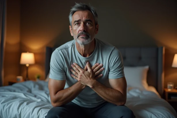 Homme d'âge moyen assis sur le bord de son lit la nuit, la main sur la poitrine, expression préoccupée évoquant des extrasystoles nocturnes liées à l'estomac