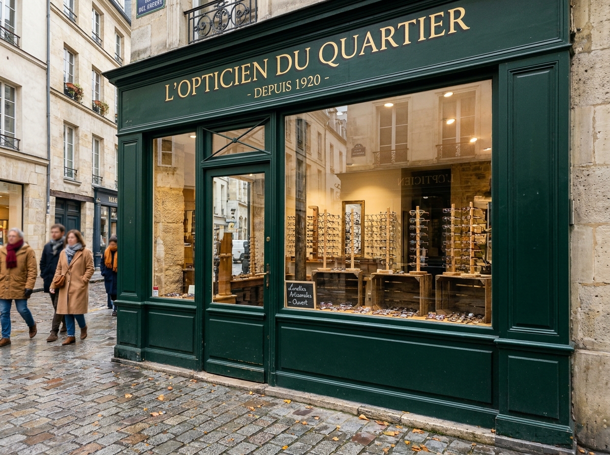 Façade d'une petite boutique d'opticien indépendant sur une rue pavée en centre-ville européen
