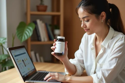 Femme consultant le site officiel Nourix sur son ordinateur portable avec un flacon de complément alimentaire en main