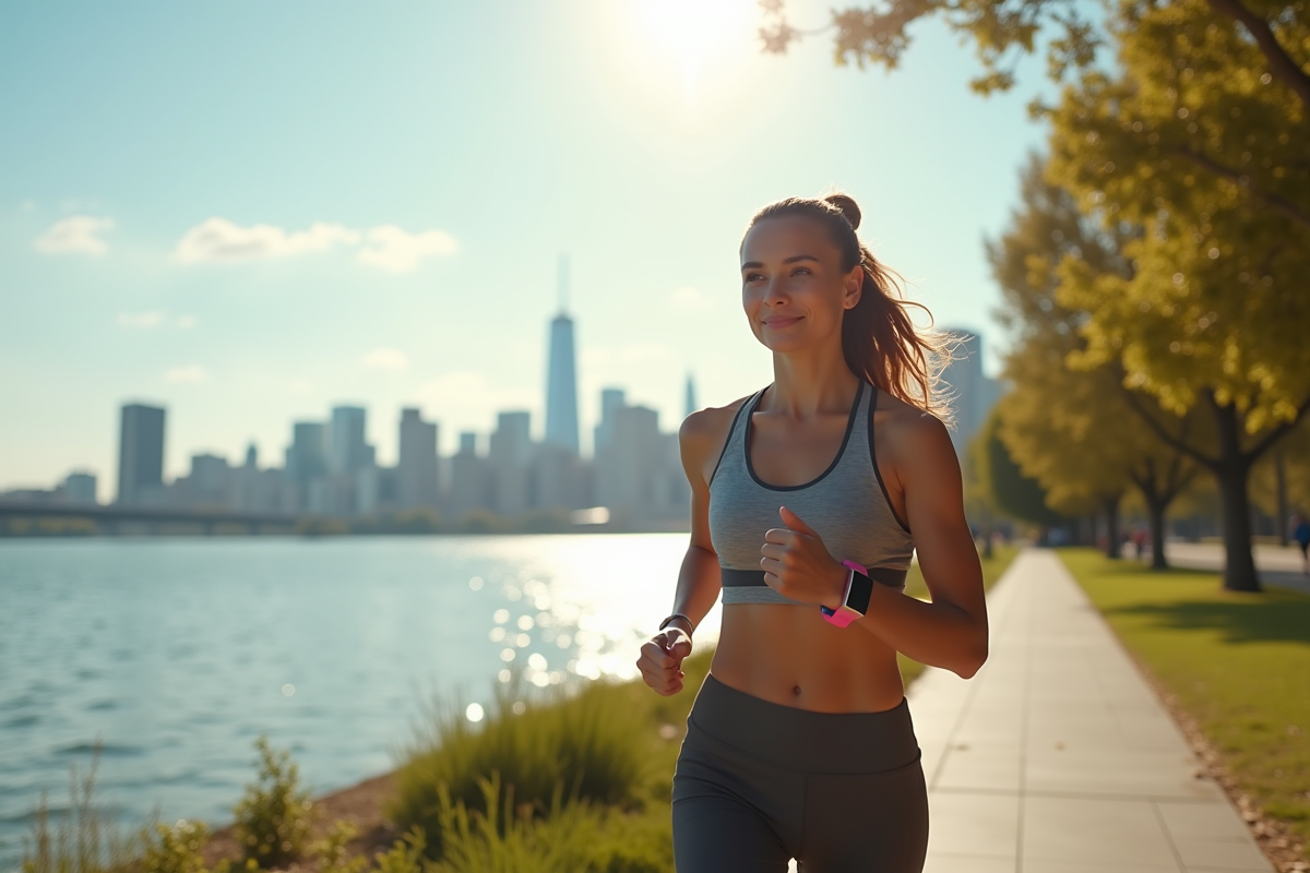 Jeune femme en tenue de sport marchant le long de la rivière avec texte 10000 pas