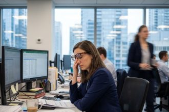 Femme d affaires en costume navy se masse les yeux au bureau