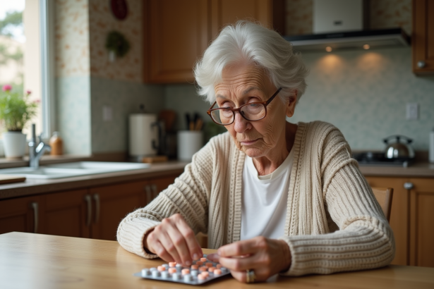 Femme agee examine un blister de medicaments dans la cuisine