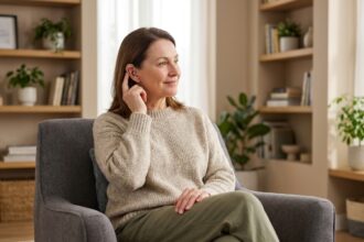 Femme de 50 ans ajustant discrètement une aide auditive dans son salon, illustrant le confort d'écoute au quotidien