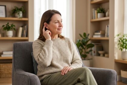 Femme de 50 ans ajustant discrètement une aide auditive dans son salon, illustrant le confort d'écoute au quotidien