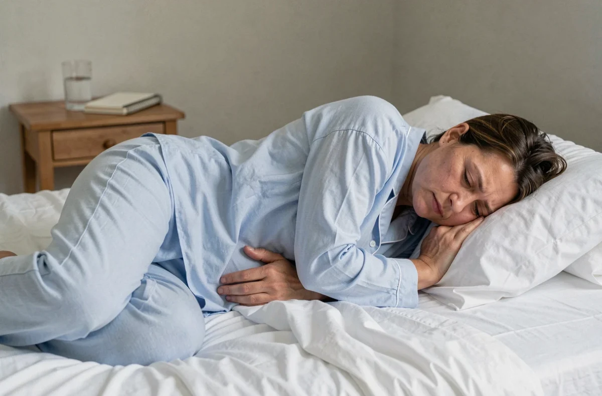 Femme allongée en position fœtale souffrant de douleurs au bas ventre gauche et ballonnements nocturnes