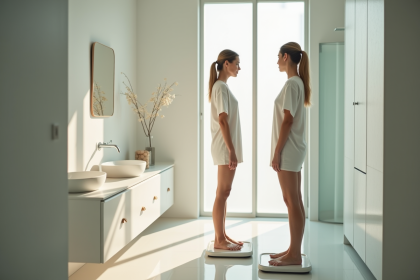 Femme se pesant dans une salle de bain lumineuse