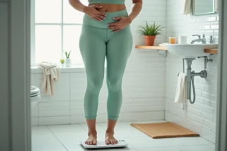 Femme mesurant son poids sur une balance dans une salle de bain moderne, illustrant la notion de poids idéal pour 1m60