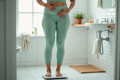 Femme mesurant son poids sur une balance dans une salle de bain moderne, illustrant la notion de poids idéal pour 1m60
